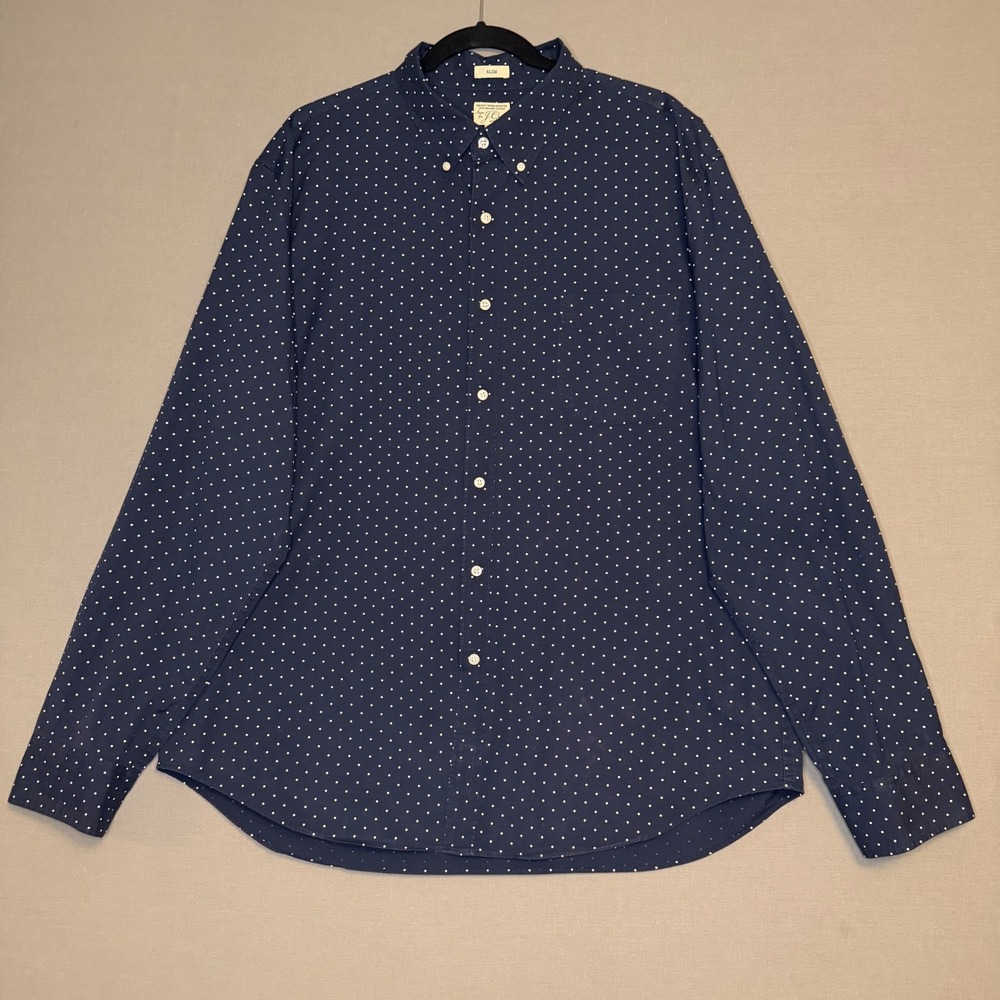 J.Crew Mens XXL Slim Secret Wash Organic Cotton Stretch Polka Dot Shirt Navy